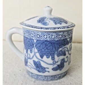 Tea cup mug China Porcelain Blue White Coffee Lidded 8oz Butterfly Floral‎